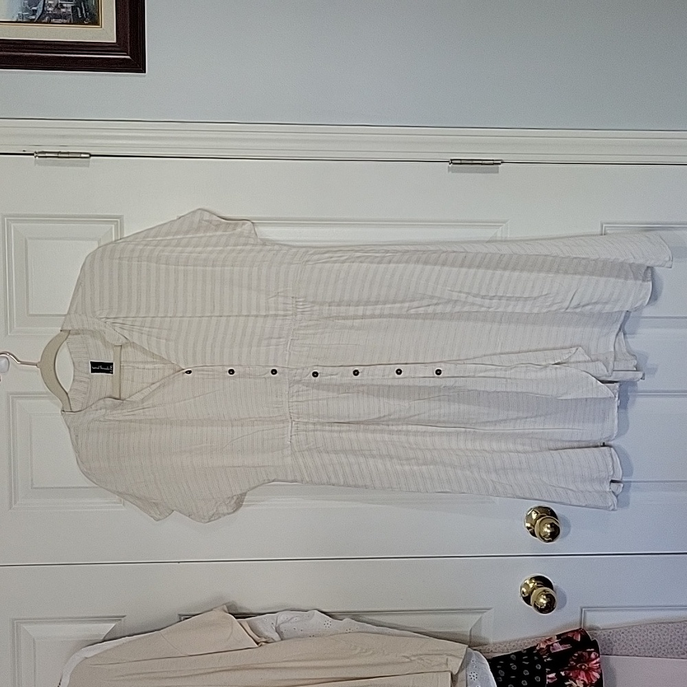 Sacred Threads Striped Button Down Dress Size L/XL in Linen White